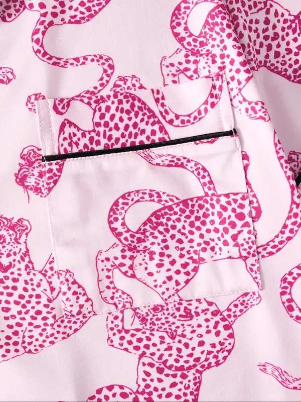 Women's Leopard Print Short Sleeve Pajama Three-piece Set, Elegant Casual Comfy Button Front Chest Pocket Design Lapel Neck Top & Elastic Waist Shorts & Eye Mask PJ Set, Ladies Sleepwear for All Seasons 3