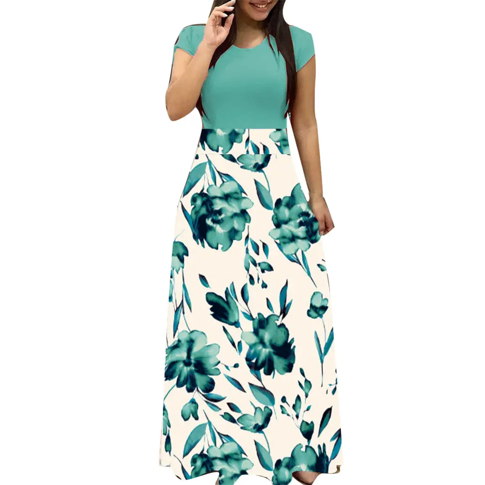 [Jn] Women O Neck Long Short Sleeve Floral Print Large Hem Waist Tight Maxi Dress