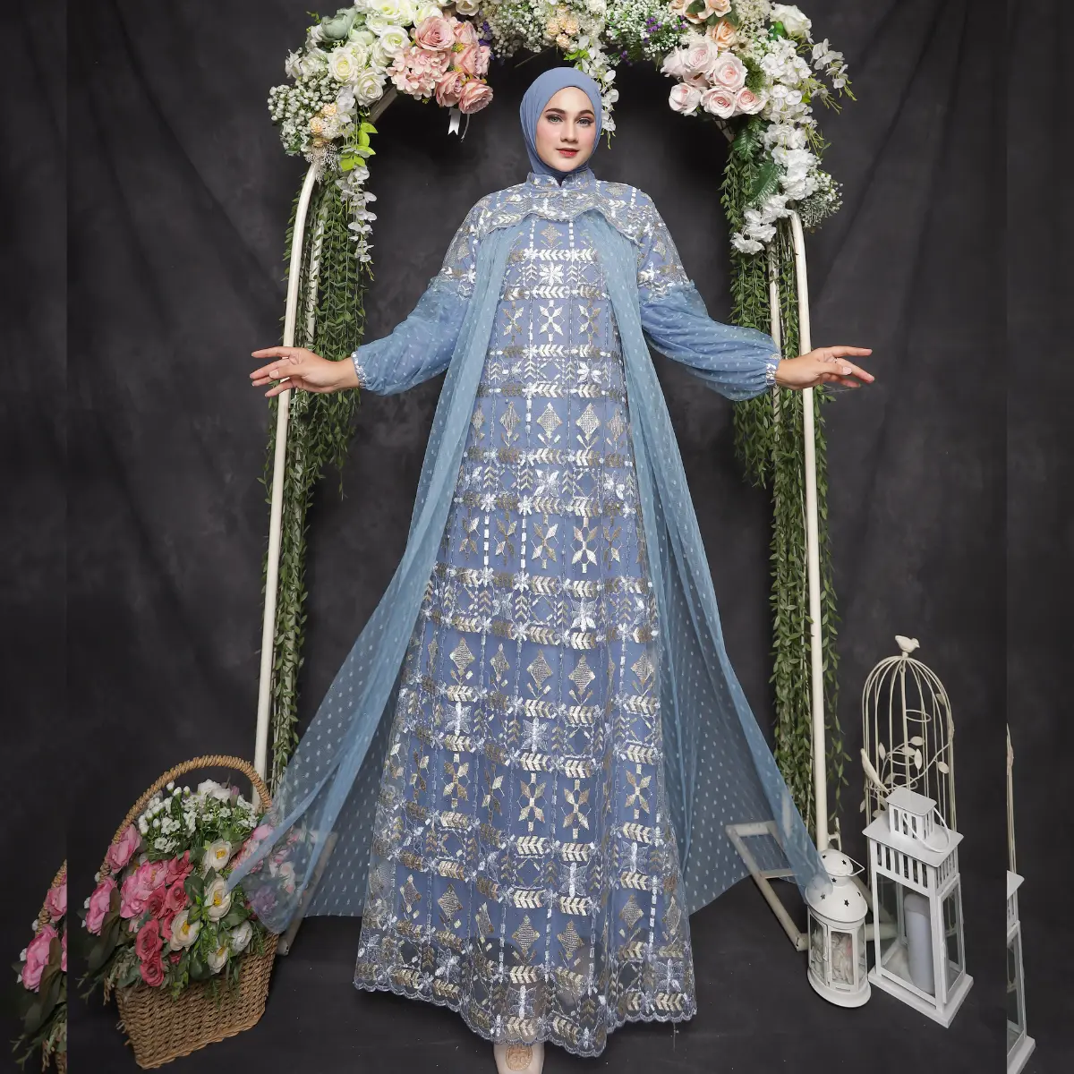 RAISHA Nusaibah Full Tile Brokat Bordir Dress / Gamis / Gaun Pesta Wanita Muslim Dewasa Motif Bunga Untuk  Lebaran, Wisuda, Kondangan Simple Tebal dan Mewah