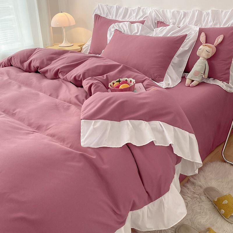 Product Introduction of Ins Princess Wind Fairy Girl Heart Solid Color Cream Matte Bed Three or Four Piece Set Internet Red Lotus Leaf Lace Korean Edition 27