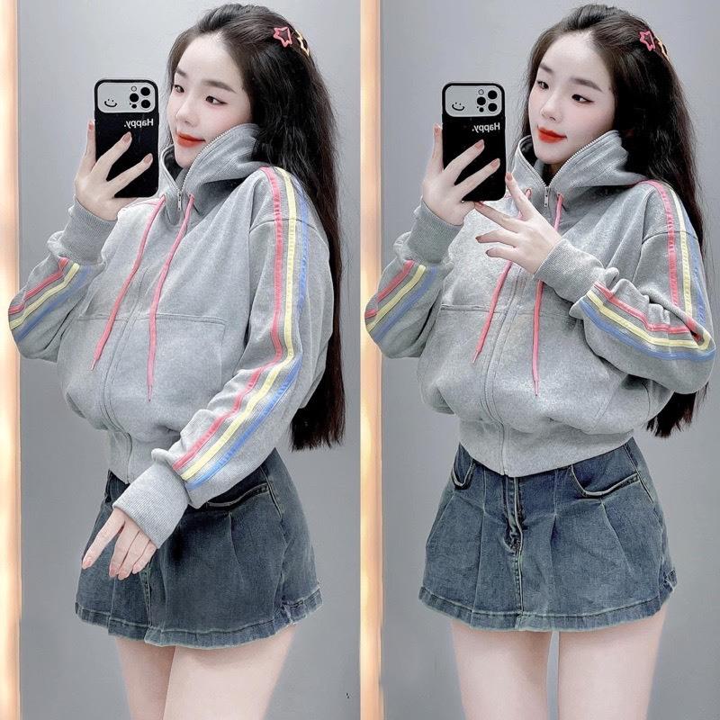  Áo khoác nỉ bông vải dày vừa phải tay phối sọc có nón form lửng 3 túi phù hợp 38-53kg 