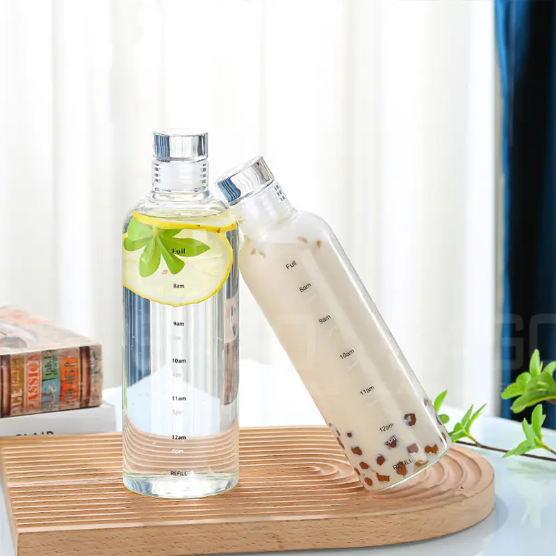Bình Nước Thủy Tinh Chịu Nhiệt In Vạch Chia Vạch Giờ Cao Cấp 500ml , 750ml | Nắp Thủy Tinh 2