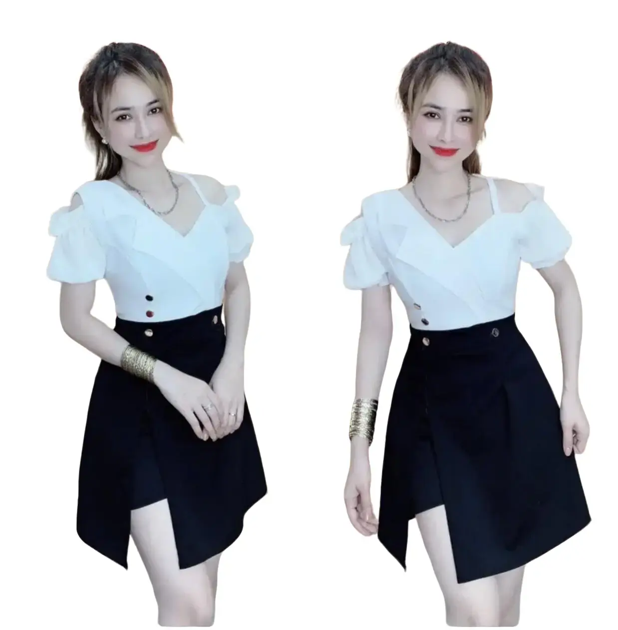 SÉT ĐẦM KÈM QUẦN ĐÙI PHỐI HAI MÀU DỄ THƯƠNG.MÃ AK07 Nữ Women Kem Thun Áo Cotton Top