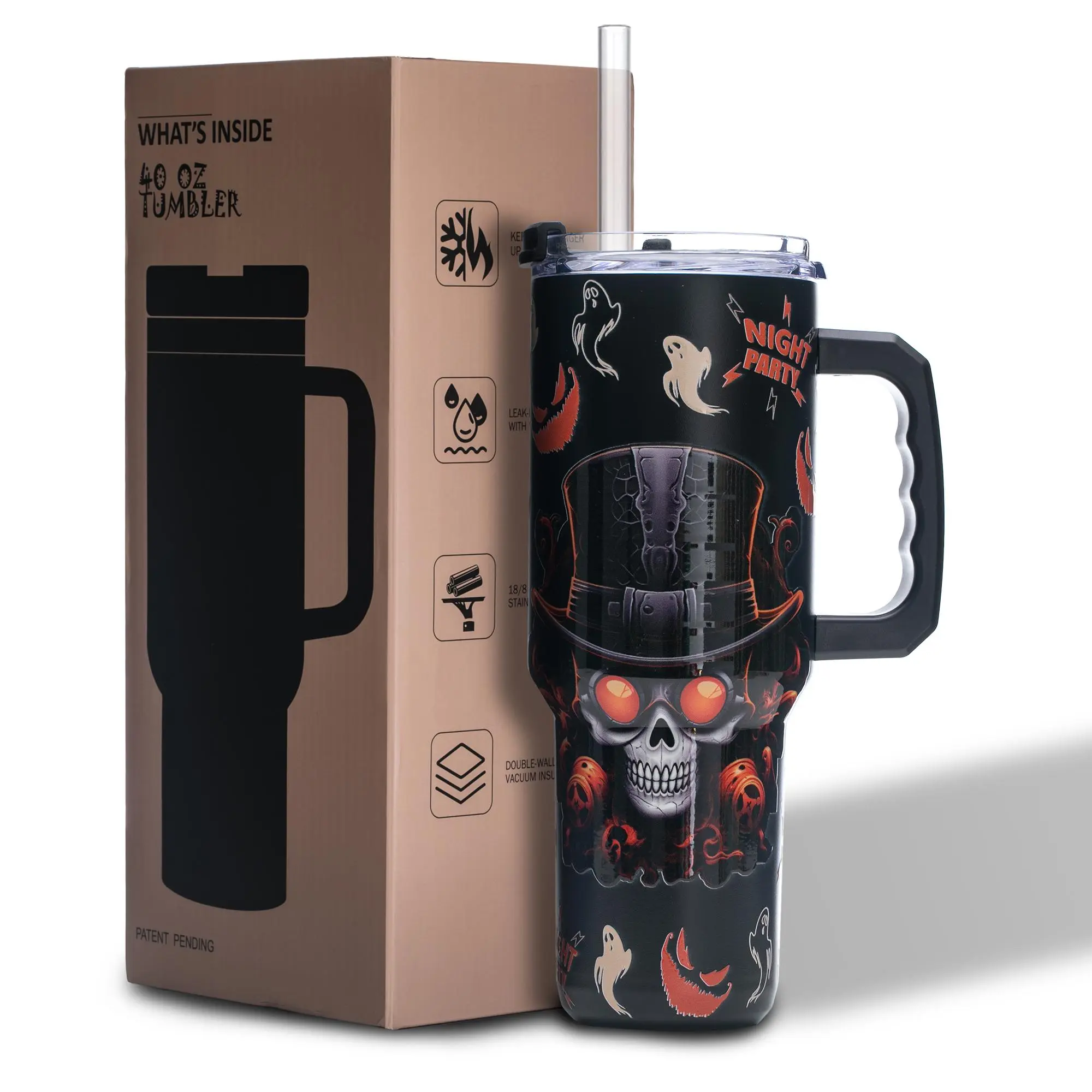 40oz Stainless Steel Vacuum Flask, 1 Count Skull Pattern Insulated Water Bottle with Lid, Portable Drinking Cup Tumbler for Home Office School