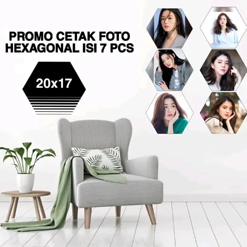 PAKET CETAK FOTO HEXAGONAL + BINGKAI ISI 7 PCS  Dipasang di Dinding kertas Paku 0
