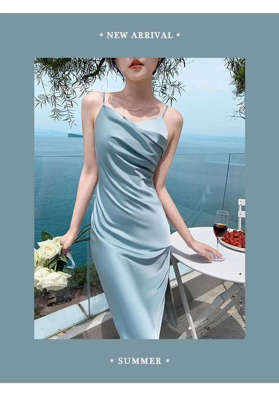 Product Introduction of D2829-French blue suspender dress, women's summer satin texture, high-end feeling, slim fit temperament, design sense, unique dress 12