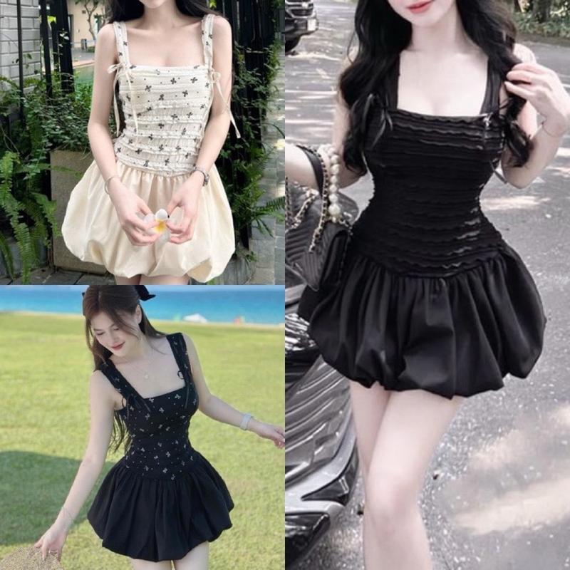 [ Đ-282 ] Đầm 2 dây nữ bảng form ngắn ôm body nhún phối kiểu bí có quần trong Free Size dưới 54kg