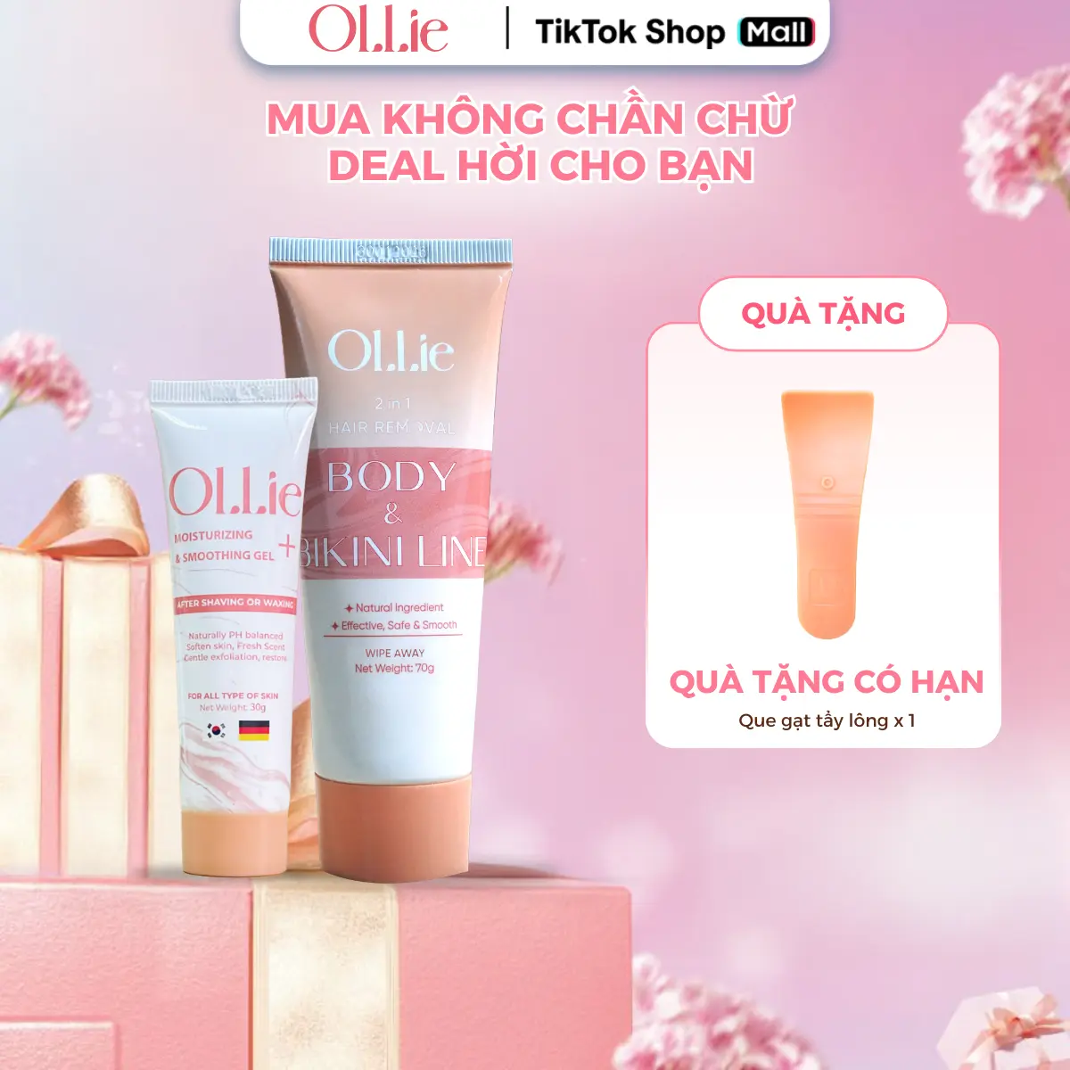 [DEAL LIVE SIÊU HỜI]_KTL803 COMBO 1 OLLIE Kem Tẩy Lông Body Nam Nữ, Hỗ Trợ Tẩy Lông Nhanh Chóng Kèm 1 OLLIE Gel Dưỡng Giúp Da Mềm Mịn Tặng 1 Que Gạt tay wax long vung kin bkn kemtaylong