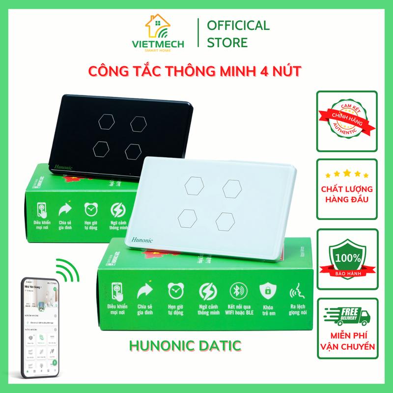 [4 nút] Công tắc cảm ứng Wifi Hunonic Datic 4 nút thế hệ mới | Điều khiển đèn từ xa qua điện thoại, hẹn giờ bật tắt tự động, thay thế công tắc cơ truyền thống