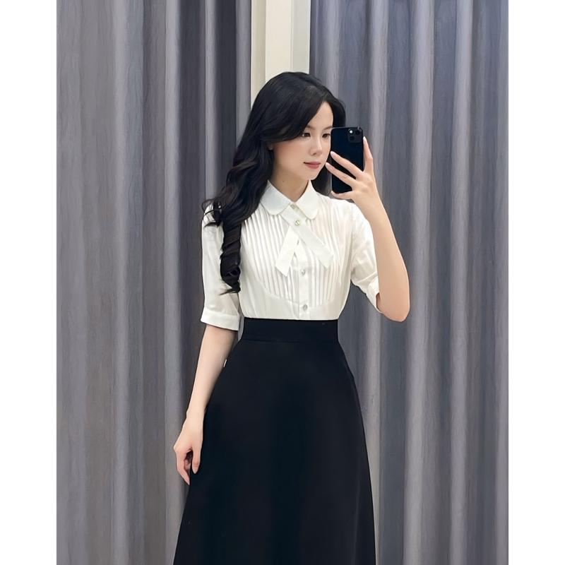Áo sơ mi kiểu nữ cổ sen công sở TIINSTORE màu trắng tay lỡ đi làm sang chảnh AHN.2505.196