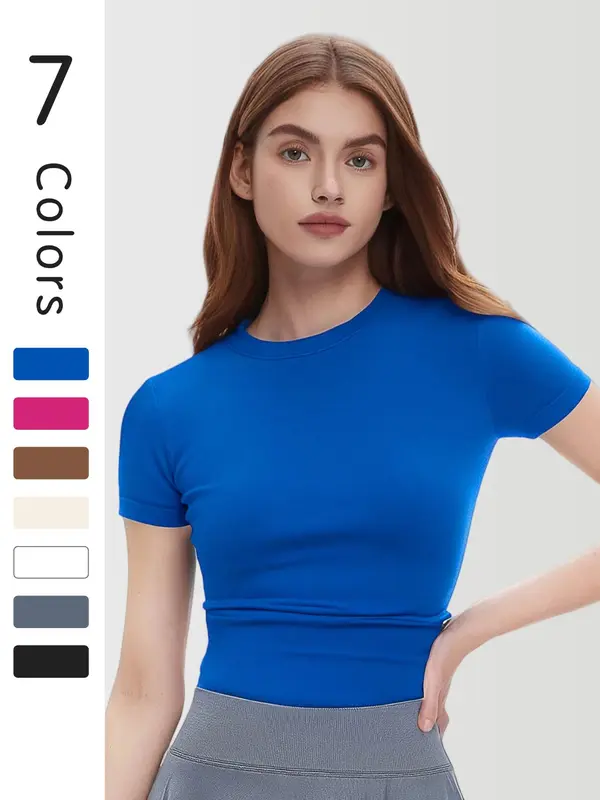 Women's Solid Color Round Neck Compression Sports Tee, High Stretch Breathable Quick Drying Short  Sleeve Crew Neck Top for Gym Workout Running, Ladies Sportswear for Indoor Outdoor Wear 7