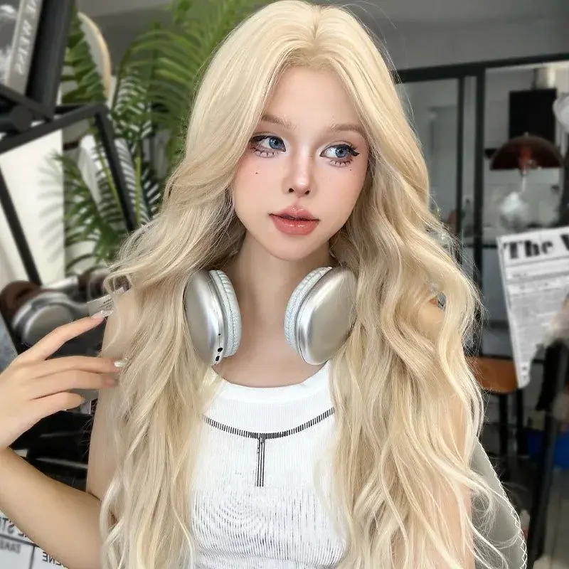 Platinum Blonde Whitening Wig Center Parted Eight Bangs Long Curly Hair Big Waves Full Head Set Synthetic Lace