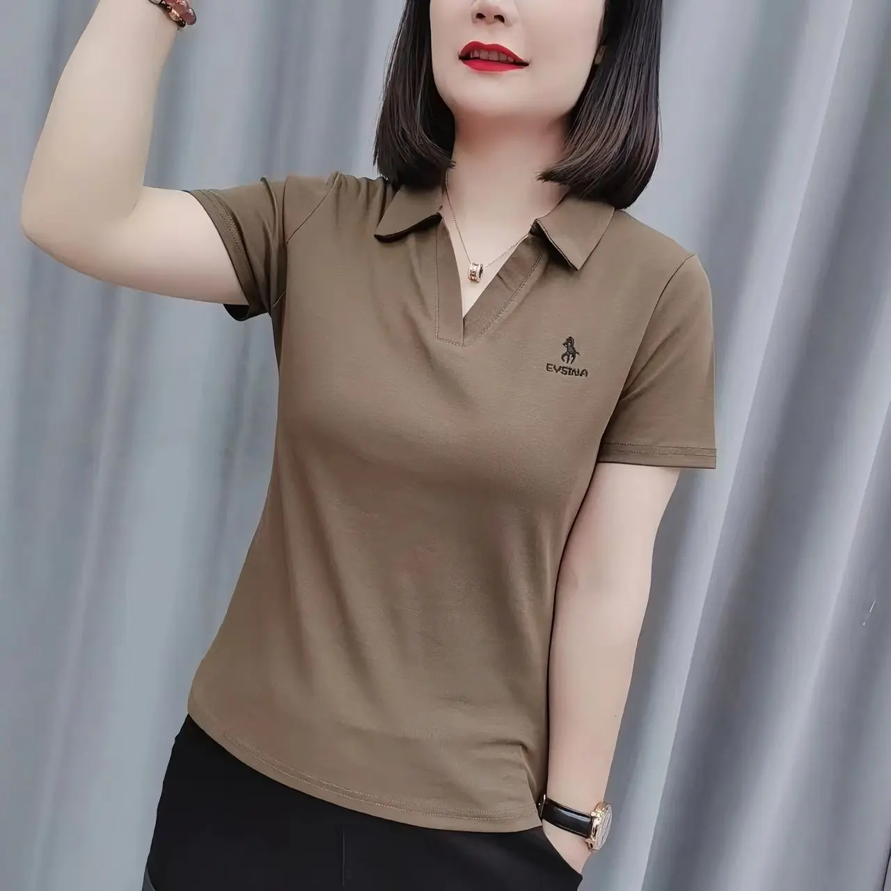 Áo Thun Ngắn Tay, Hàng Mới Về Mùa Hè, Dành Cho Phụ Nữ, Ve Áo, Cỡ Lớn, Dáng Rộng Rãi Và Thường Ngày, Thích Hợp Cho Mẹ Trung Niên, Áo Polo, Màu Trơn Áo Thể Thao
