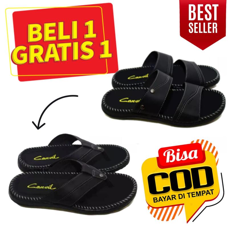 SANDAL PRIA COWOK CASUAL BELI 1 GRATIS 1  PROMO Sendal Slop Kulit Pria Japit Slop Selop Jepit 3