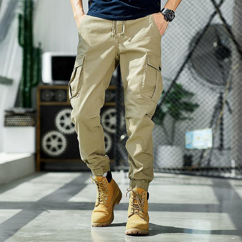 Flying We Quần chở hàng đã giặt cao cấp dành cho nam giới màu trơn đàn hồi rộng rãi thẳng hơn Thương Hiệu Thời Trang quần âu túi xách quần có dải mắt cá chân mùa xuân và mùa thu