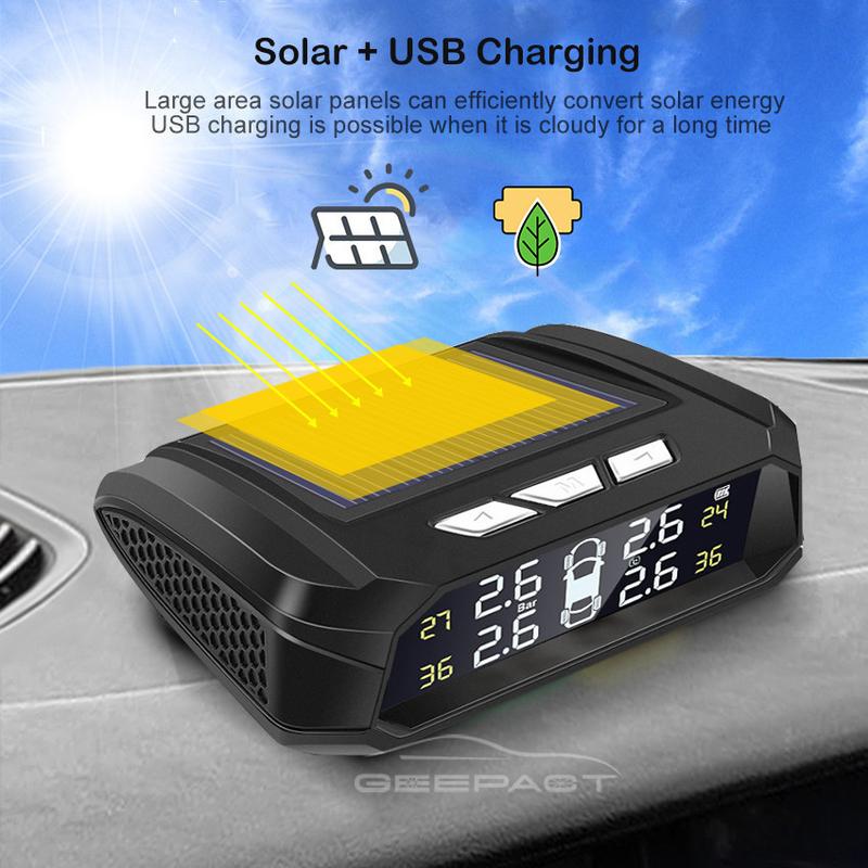 Product Introduction of 【24-hour shipping+free shipping+COD】TPMS Universal Tire Pressure Alarm Monitoring System Car Tire Pressure Monitoring System Solar Panel USB Charging Smart Car with 4 External Sensors Real-time LCD Display 38