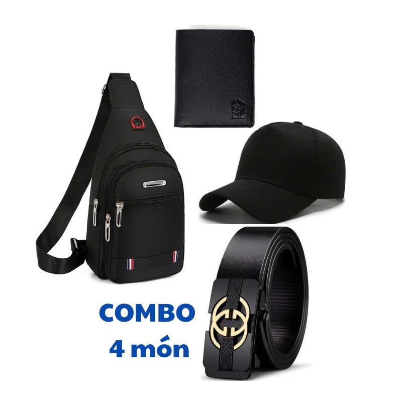 COMBO 4 MÓN : 1 Túi đeo ngực vải canvas + 1 MŨ lưỡi trai + 1 VÍ da + 1 THẮT LƯNG khóa tự động