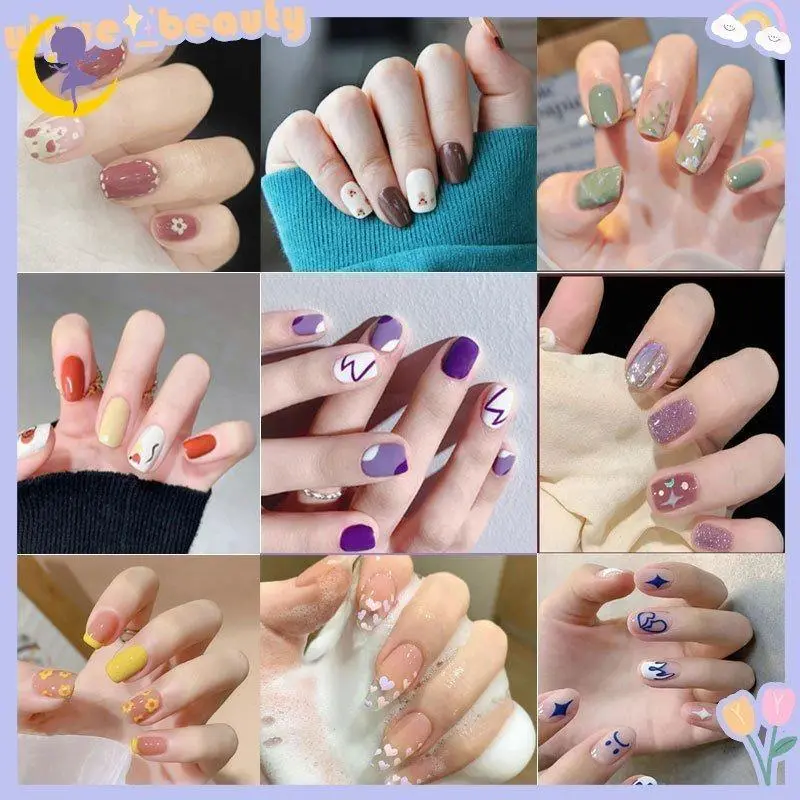 Fake Nails Black Leopard Print Fresh Creamy White Flame Manicure French Glitter Purple Star Glue Finished Nails HB baby