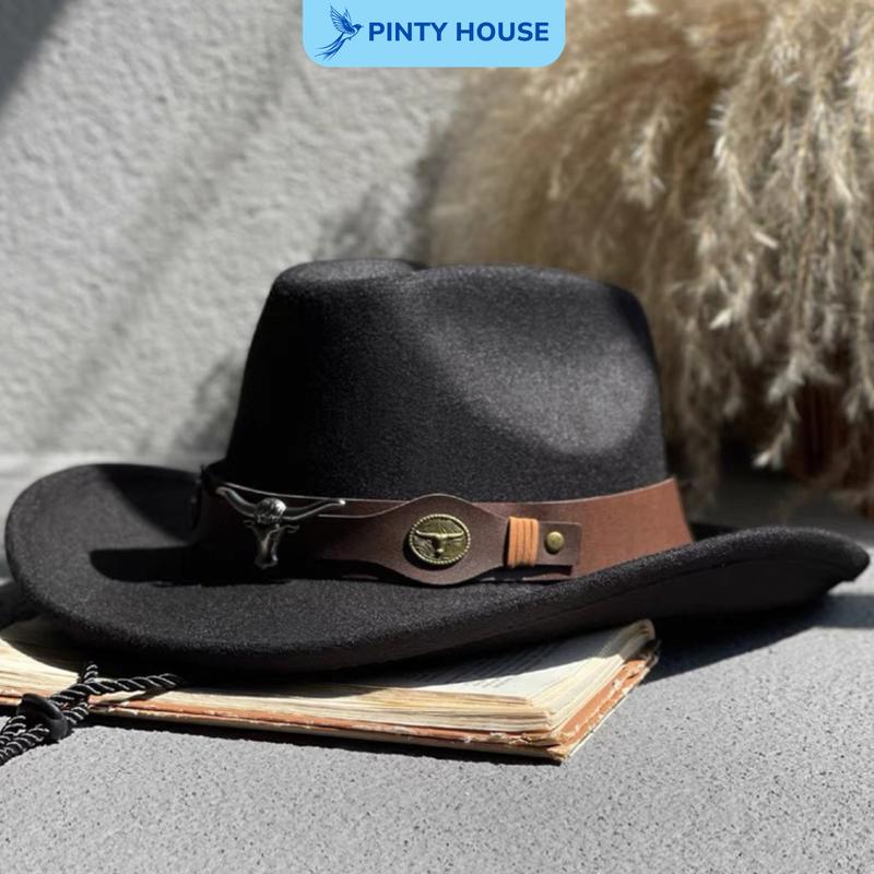 Mũ cao bồi , mũ vành rộng chống nắng , chất liệu da lộn nhân tạo cứng cáp có dai da sắt cao cấp , phù hợp đi leo núi hoặc đi biển checkin cùng ngựa, hoặc phù hợp đi câu cá chống nắng Hat Women Pin Nón Cap