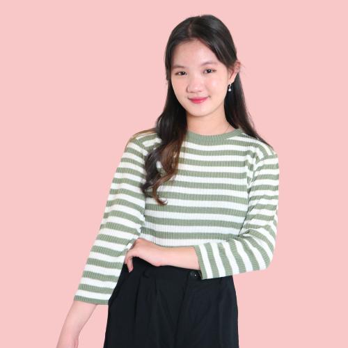 Atasan 0blong Salur Wanita Kaos O-neck Knit Rajut Style Korea Baju Fit 2