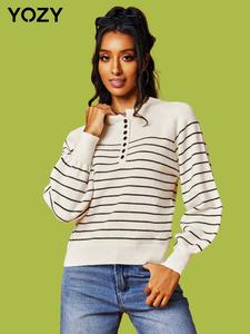 YOZY Women's Striped Print Button Raglan Sleeve Sweater, Casual Long Sleeve Round Neck Knitwear for Spring & Fall