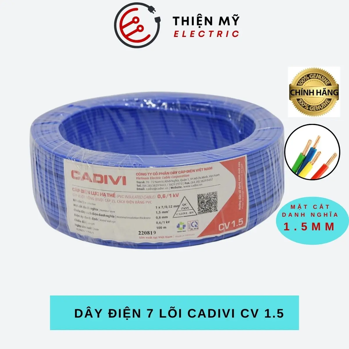 (Bán theo mét) Dây điện cadivi đơn 7 sợi CV 1.5 ,0.6/1KV