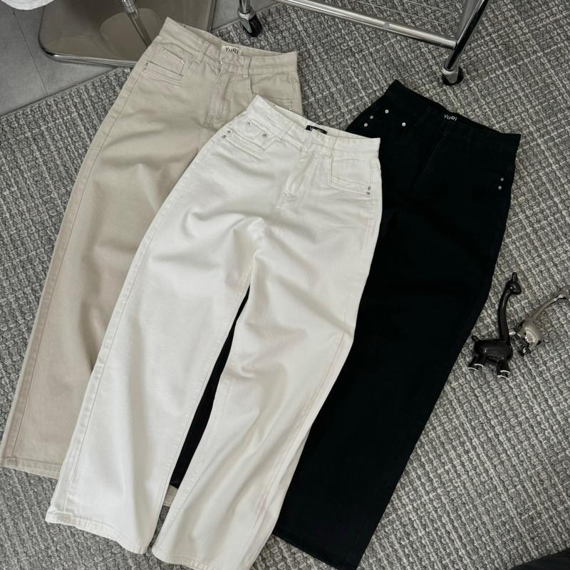 Quần Jean Nữ Ống Suông Màu Be Phối Viền Túi Nổi (Mã6205) Women Pants