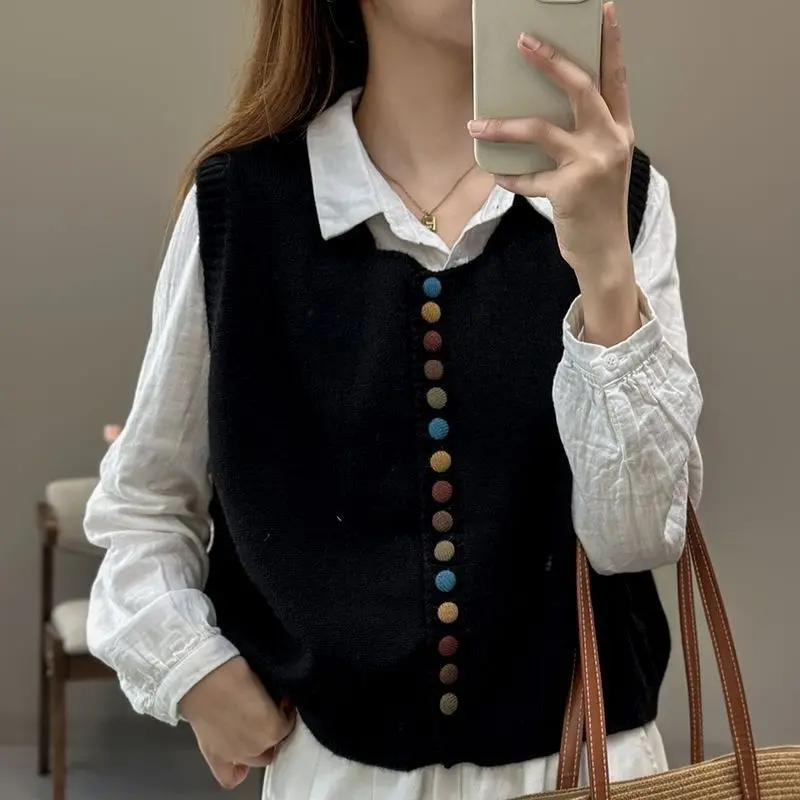Áo Vest Không Tay Khóa Màu, Dệt Kim, Cổ Tròn, Dáng Rộng Vừa Vặn, Hàng Mới Về Mùa Thu, Áo Len, Dành Cho Nữ, Phong Cách 202 400, Phù Hợp Top Women 2