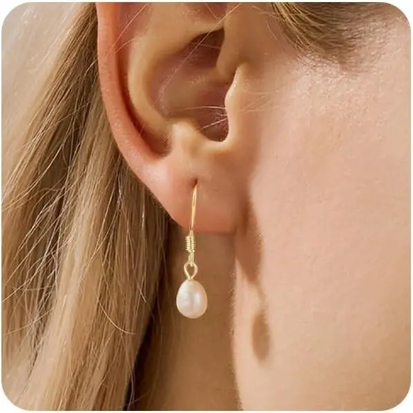 14K Gold Plated Freshwater Pearl Dangle Earrings Hypoallergenic Wedding Jewelry Set for Women Hijab Friendly Daily to Party Gift