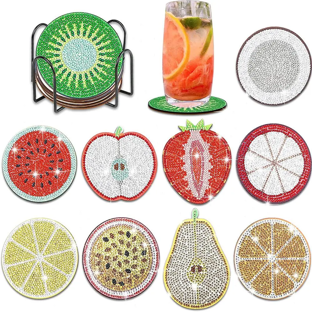 Fruit Pattern Artificial Diamond Arts Colorful Painting Coaster, 10pcs DIY Crystal Table Art Coaster with Stand, Craft Supplies for Home Office Coffee Table