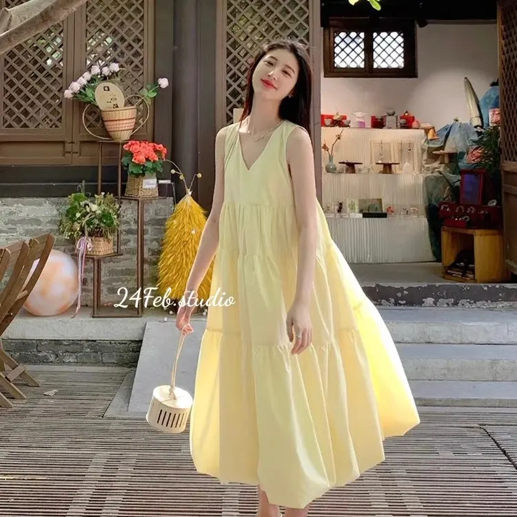 [VN59] Váy sát nách cổ V dáng bí ngô phong cách Hàn Quốc