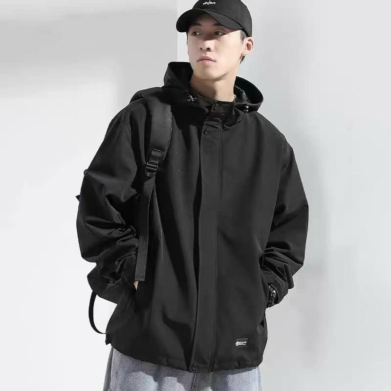 Áo khoác nam có nón chất dù 2 lớp khóa kéo cổ trụ phối nút