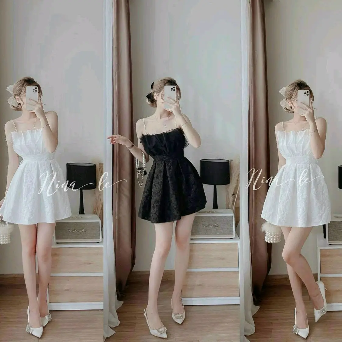 Đầm thời trang nữ mặc đi tiệc chất xốp phồng hoa xếp ly cúp ngực có mút ngực phối voan kiếng kết cườm vai váy chữ A mini qc