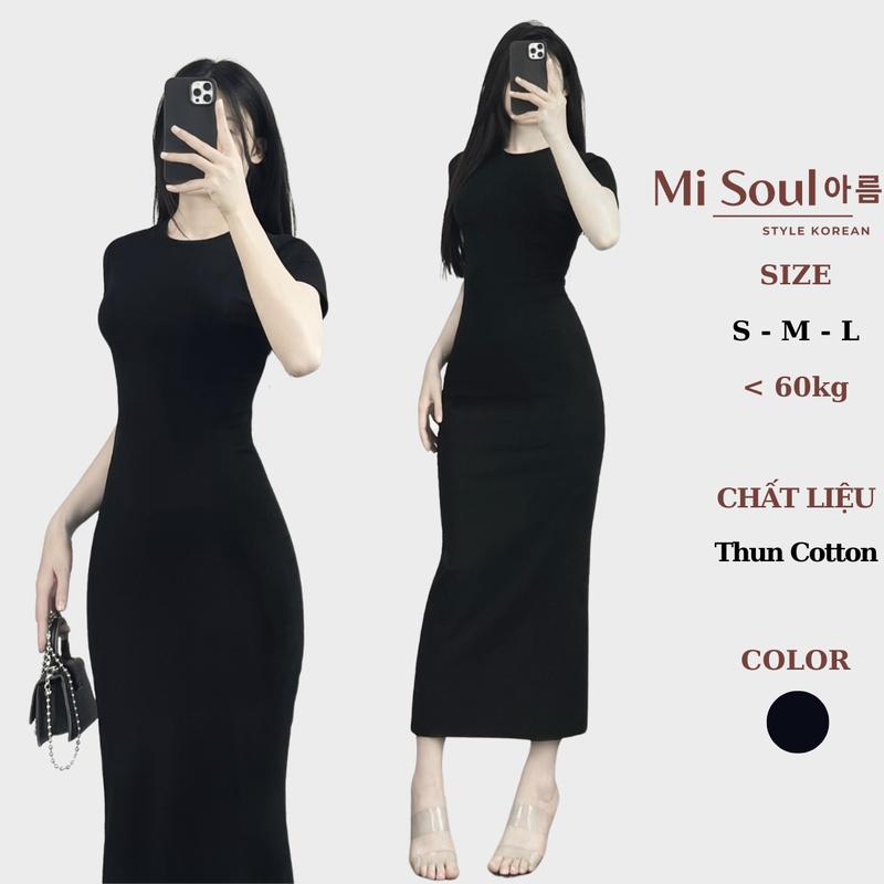 Váy Body Dáng Dài Cổ Tròn Cộc Tay Có Xẻ Sau Chất Thun Cotton Co Dãn MiSoul Đầm Midii Ôm Dáng Dài Cổ Tròn 378