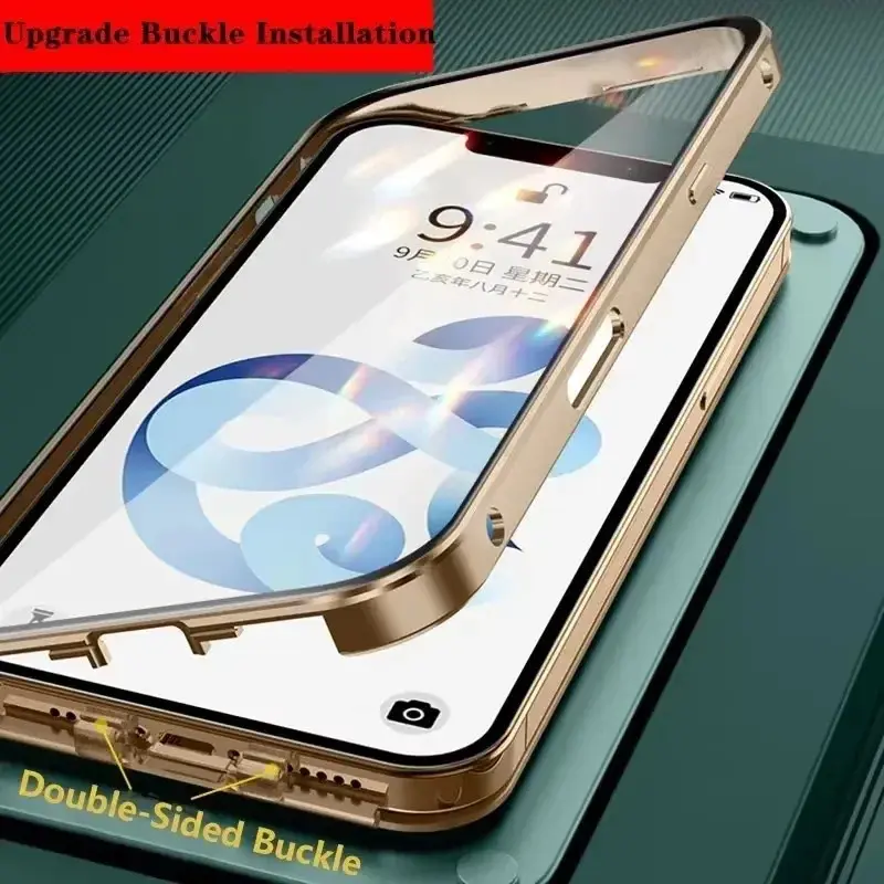 Ốp Kính Khóa Hai Mặt Từ Tính, Chất Liệu Kim Loại, Dành Cho iPhone 16, 15, 14, 13, 12, Pro Max, Plus, Bao Phủ Toàn Bộ 360 °, Ốp Chống Sốc Bảo Vệ 0