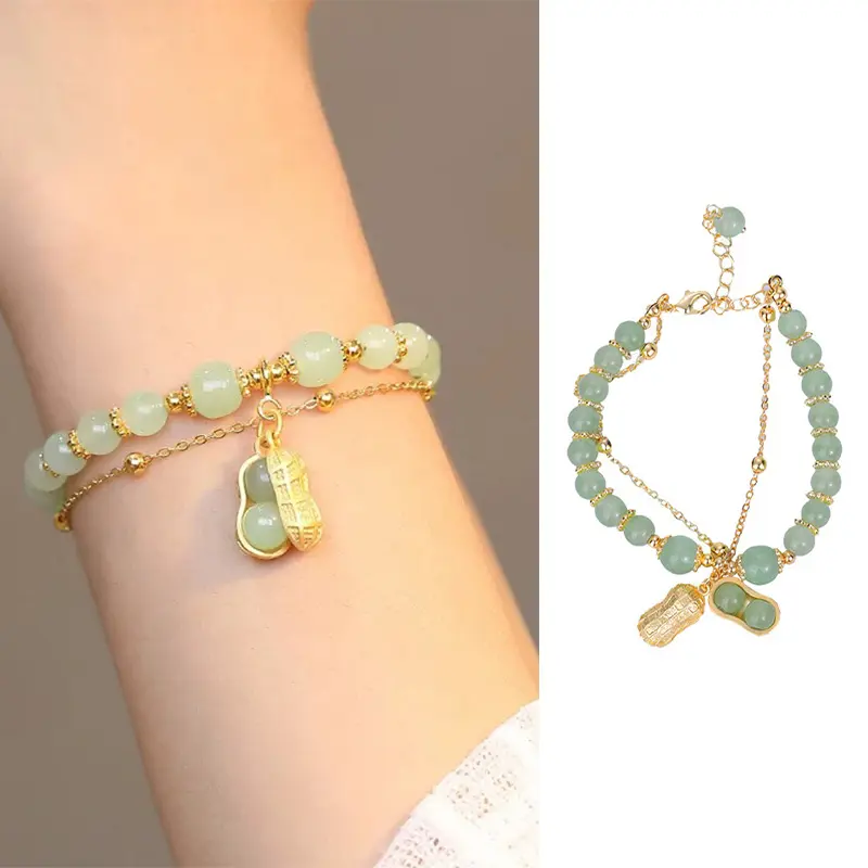 Liui   Gelang Rantai Ganda Imitasi Batu Akik Alami Kacang Bagus untuk Anak Perempuan Gelang Desain