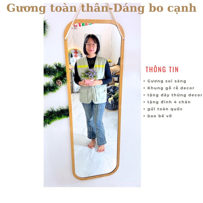 Gương toàn thân 40x120cm treo tường, kiểu dáng bo cạnh đứng, gương viền gỗ decor trang trí phòng, tặng dây thừng và đinh treo. guonghoangkim
