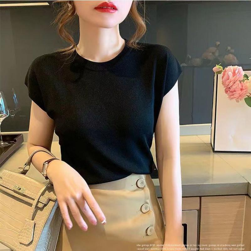 Áo ngắn Tay Cho Nữ, Phong Cách Hàn Quốc, Áo Len Mỏng, Cổ Tròn Nữ, Màu Trơn Dáng Rộng Vừa Vặn, Áo Thun Dệt Kim, Áo Sơ Mi Lụa Lạnh Mùa Hè, Trang Phục Nữ, Hàng Mới Về 5