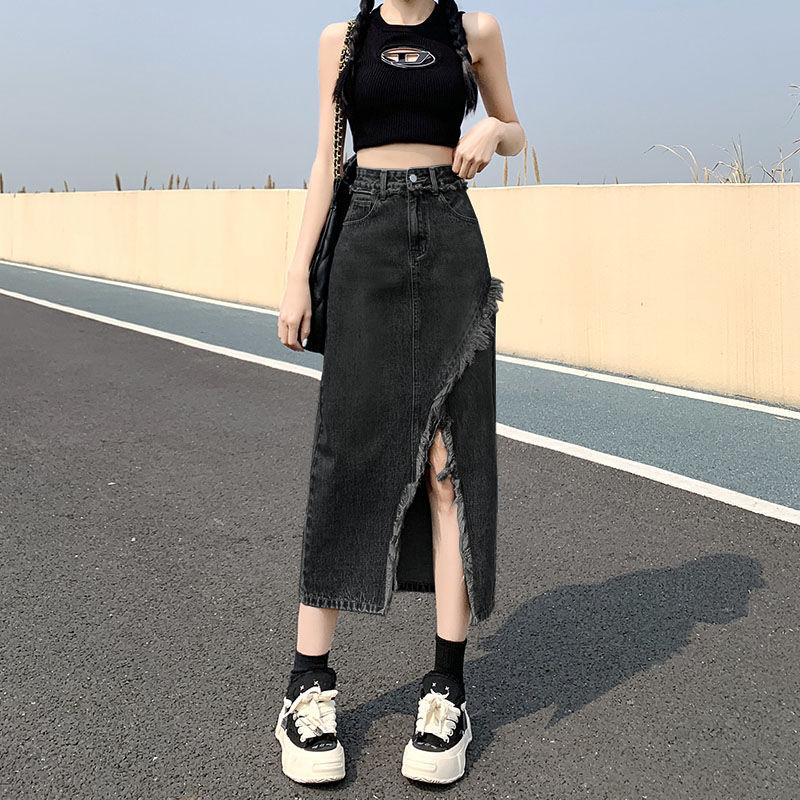 Split Denim Skirt Women's Summer New A- line High Waist Slimming Mid-Length Frayed Hot Girl Hip Skirt 1