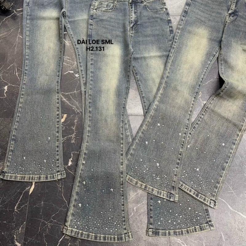 Quần jean nữ ống loe đính đá bling màu xanh bụi, lưng siêu cao hách dáng 2