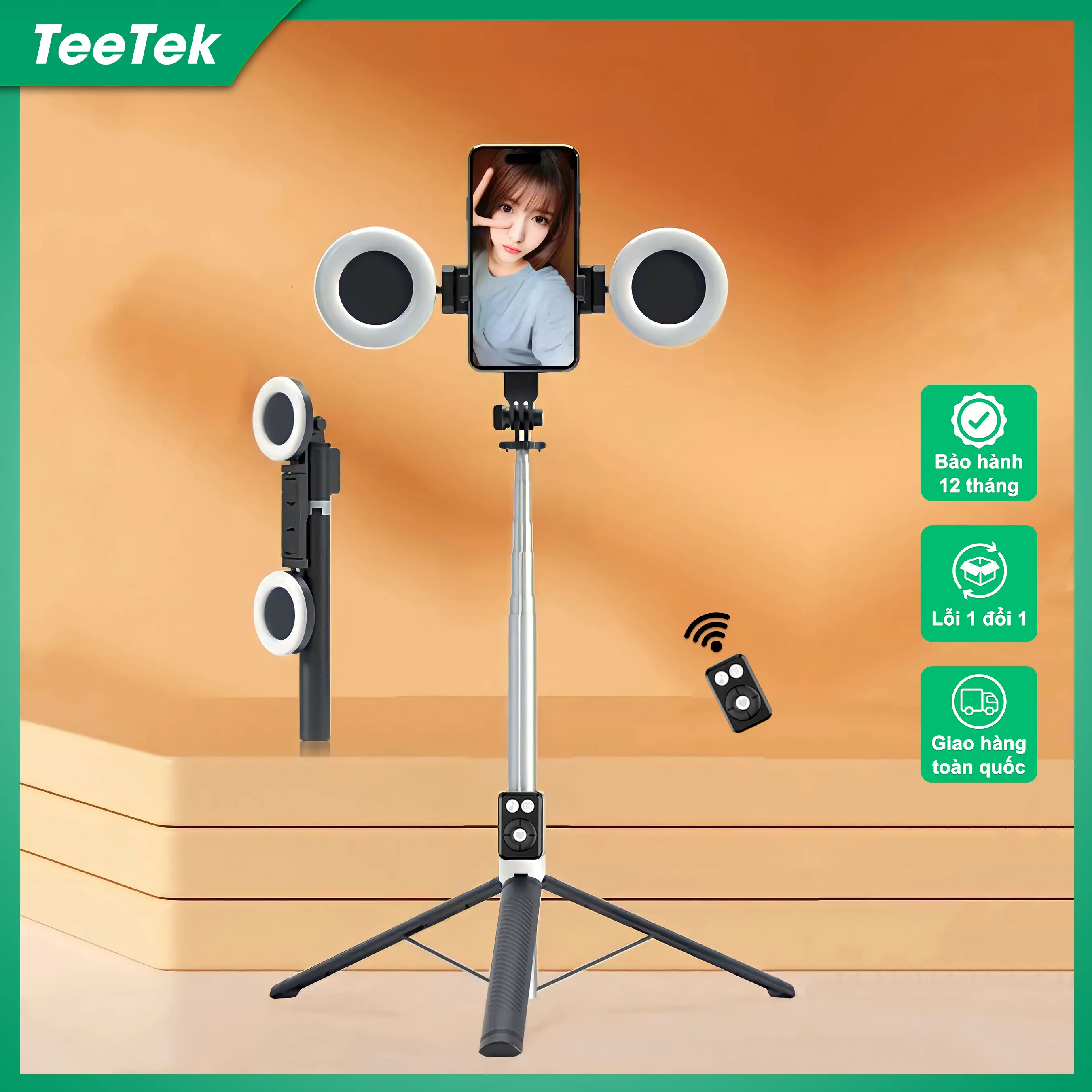 Gậy chụp ảnh bluetooth tripod đa năng có độ dài tối đa 1m7, kèm đèn led trợ sáng và remote điều khiển quay chụp từ xa Selfie Phụ Kiện