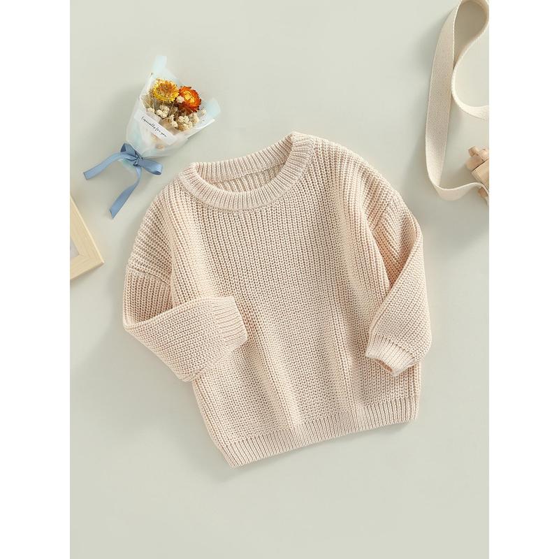 Toddler Baby Round Neck Sweaters, Long Sleeve Solid Color Loose Knitted Pullovers 3