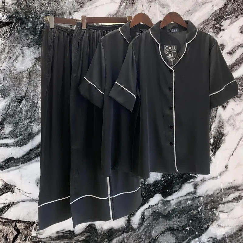 Bộ Pijama Bigsize đen trơn cộc dài chất lụa Mango mặc nhà dành cho nữ có size từ 40kg đến 90kg. 2