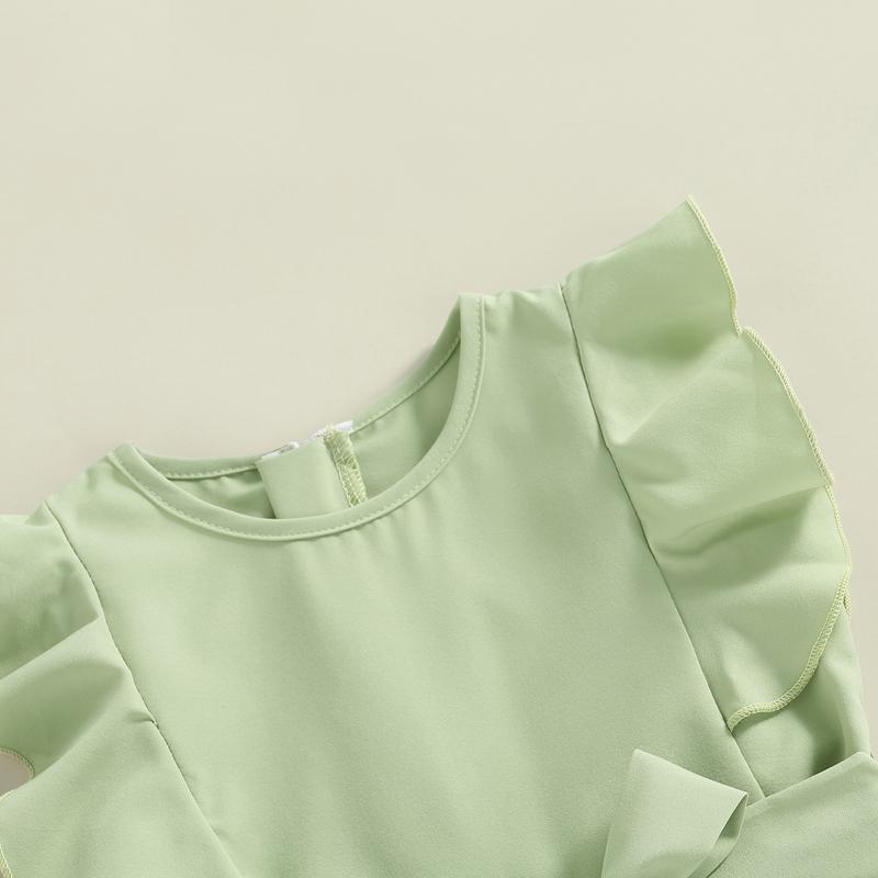 Product Introduction of Áo Jumpsuit Quần Hàng Ngày Cho Trẻ Em, Màu Trơn Cổ Tròn, Không Tay, Áo Liền Quần Flounced, Có Thắt Lưng, Thích Hợp Cho Mùa Hè, Độ Tuổi: 1-6 Tuổi, Màu Xanh Lá Cây / Be 42