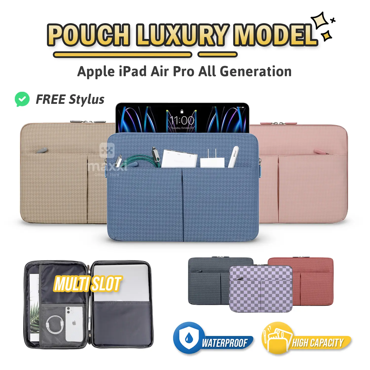 Sleeve Bag For Ipad 2 3 4 5 6 7 8 9 10 Air Pro 11 10.5 12.9 13 Inch M1 M2 M3 M4 2024 2022 WiFi 5G LTE Casing Sleeve Pouch Luxury Bag Waterproof Cover Portable Multi Slot Handbag Colour Pastel Lucu Bonus Stylus Pen Tahan Air Hujan