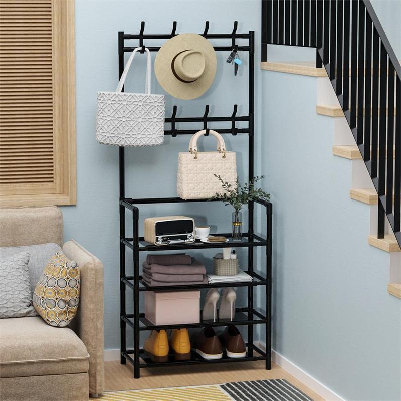 Shoe Rack with 8 Hooks, 1 Count 4/5 Layers Storage Rack, Multifunctional Storage Organizer for Living Room, Bedroom and Home Office 0