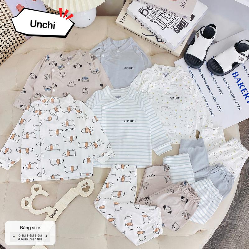 BD45. Bộ sơ sinh dài tay Unchi vạt 2 lớp phối họa tiết xinh xắn vải petit mềm mát cho bé sơ sinh từ 3-9kg