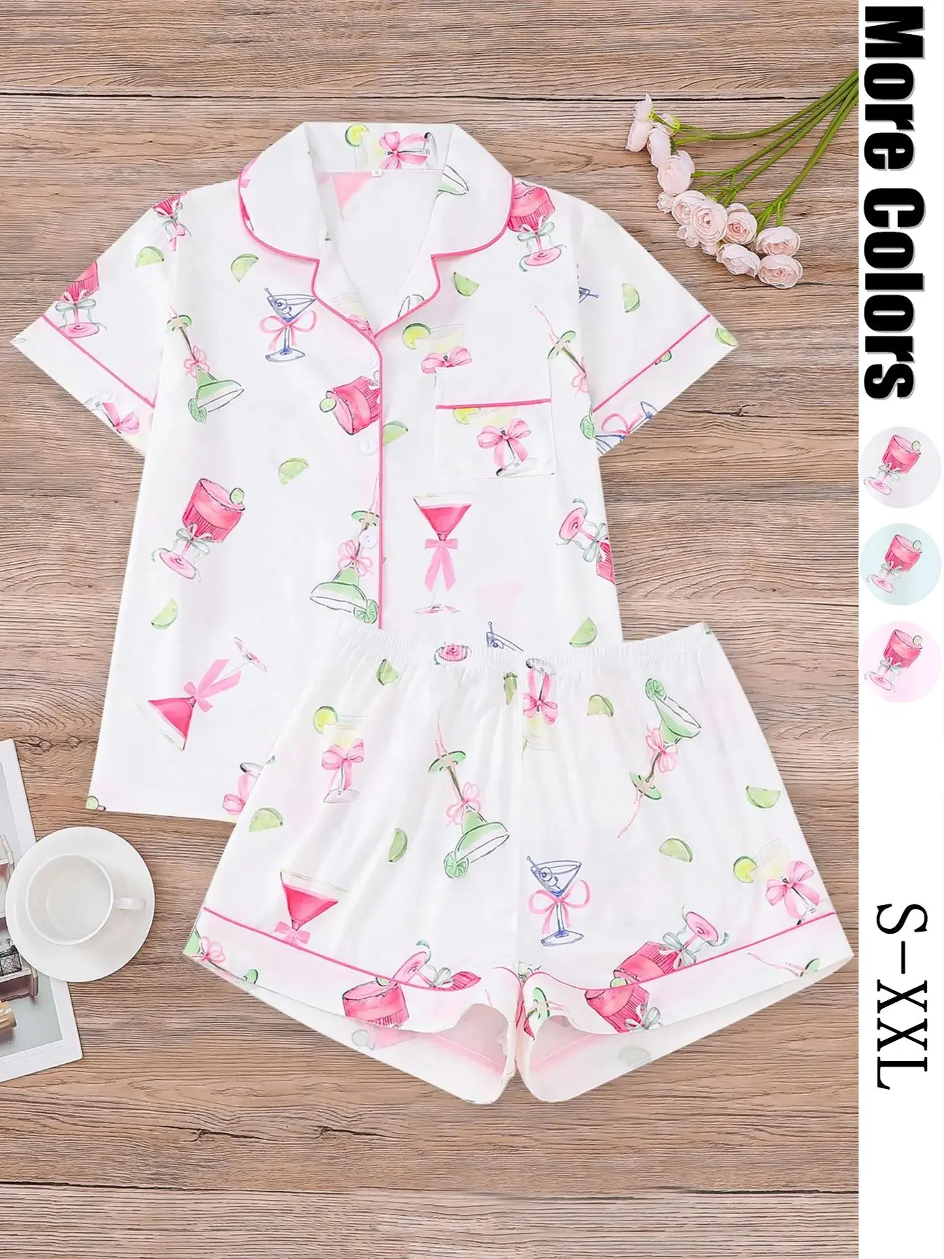 Women's All Over Cocktail Print Button Front Shirt & Elastic Waist Shorts Pyjama Two-piece Set, Casual Comfy Short Sleeve Top & Shorts Pj Set, Ladies Sleepwear for All Seasons, Loungewear, Pajamas