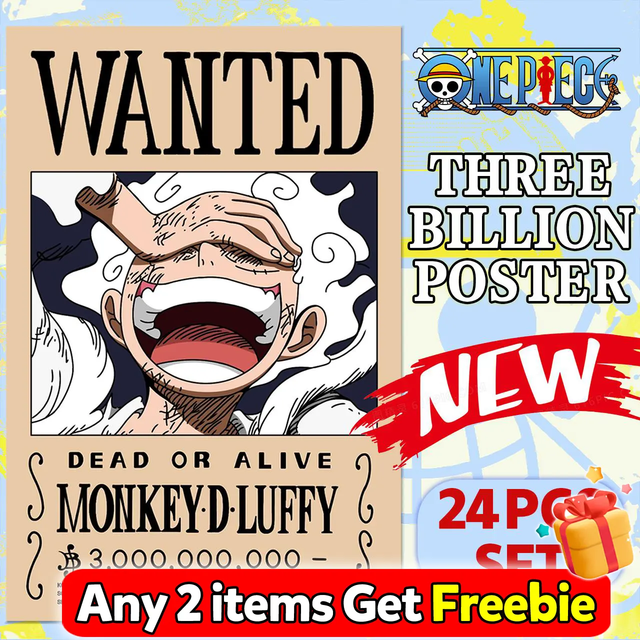 24Pcs One Piece Anime Latest Wanted Poster Reward Poster Three Billion Luffy Wallpaper Decor Decoration Room Ornaments Print Artistic Photo Multicolor