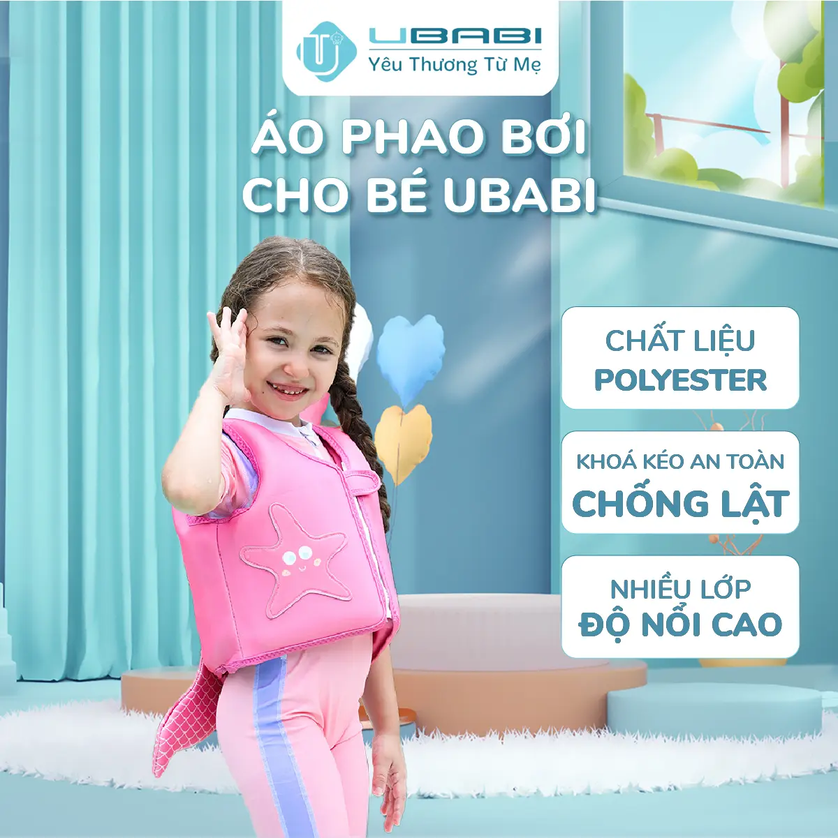 Áo Tập Bơi Cho Bé 2-4 Tuổi UBABI UB-PK042 Áo Phao Chống Lật Cao Cấp Khoá An Toàn Độ Nổi Cao